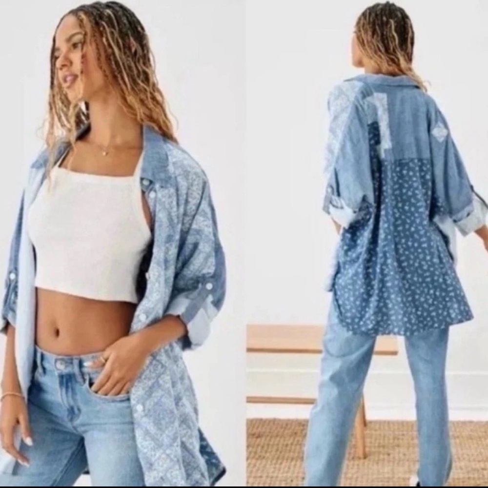 American Eagle Patchwork Button Down Shirt Large Blue White Floral Linen Blend